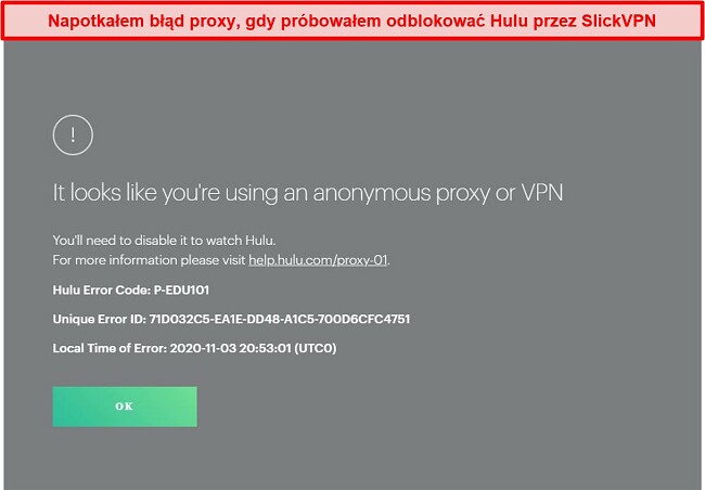 Zrzut ekranu przedstawiający blokowanie SlickVPN przez Hulu