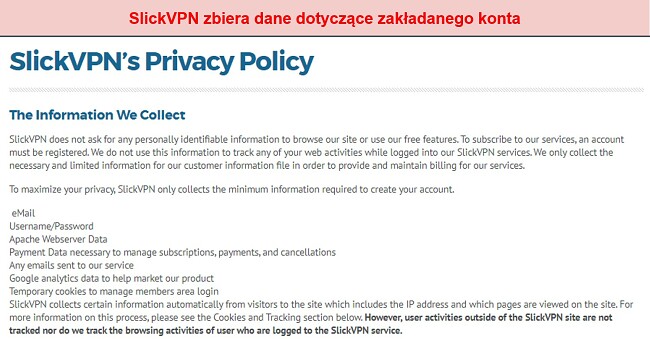 Zrzut ekranu polityki prywatności SlickVPN