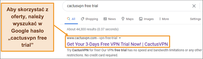 Zrzut ekranu pokazujący, jak znaleźć bezpłatną wersję próbną CactusVPN w Google
