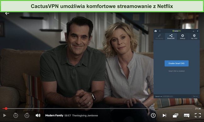 Zrzut ekranu przedstawiający przesyłanie strumieniowe Modern Family na Netflix z połączonym CactusVPN