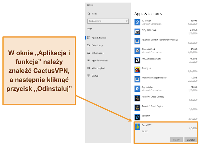 Zrzut ekranu pokazujący, jak rozpocząć proces odinstalowywania CactusVPN z menu Aplikacje i funkcje
