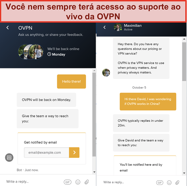 Captura de tela do suporte limitado de chat ao vivo para OVPN