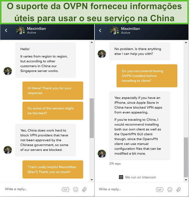 Captura de tela do bate-papo ao vivo com OVPN sobre se os servidores funcionam na China