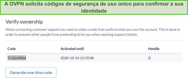 Captura de tela do código único de OVPN para verificar a identidade durante o processo de cancelamento da assinatura