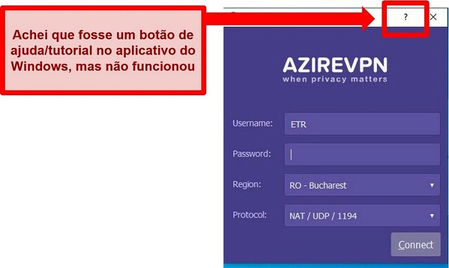 Captura de tela da tela inicial da interface de usuário do AzireVPN