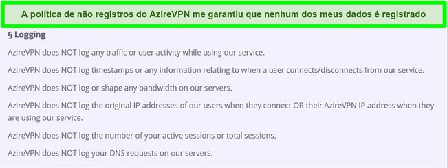 Captura de tela da política de zero-logs do AzireVPN