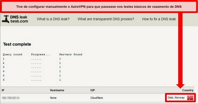 Captura de tela de um teste de vazamento de DNS bem-sucedido