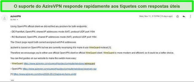 Captura de tela do suporte do AzireVPN respondendo a um tíquete de pedido de ajuda