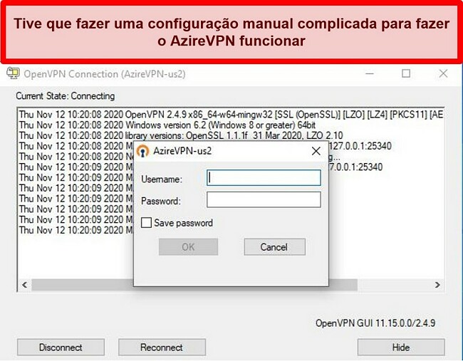 Captura de tela do prompt de login do AzireVPN ao usar o cliente OpenVPN