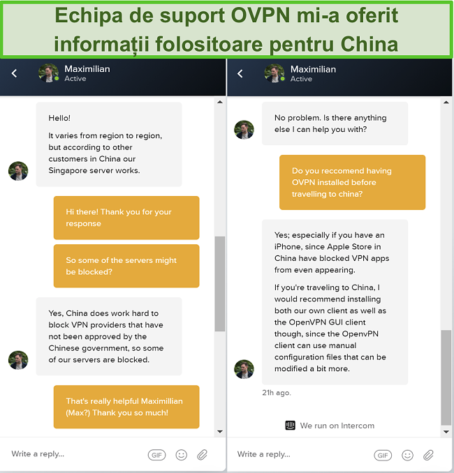 Captură de ecran a chatului live cu OVPN despre dacă serverele funcționează în China