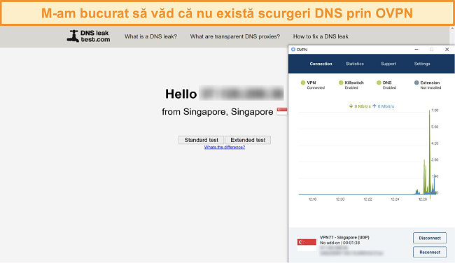 Captură de ecran a OVPN care trece un test de scurgere DNS