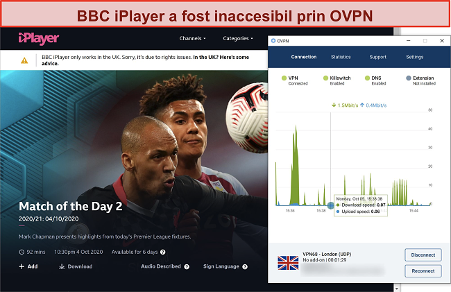 Captură de ecran a OVPN blocat de BBC iPlayer