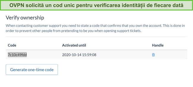 Captură de ecran a codului unic OVPN pentru a verifica identitatea în timpul procesului de anulare a abonamentului