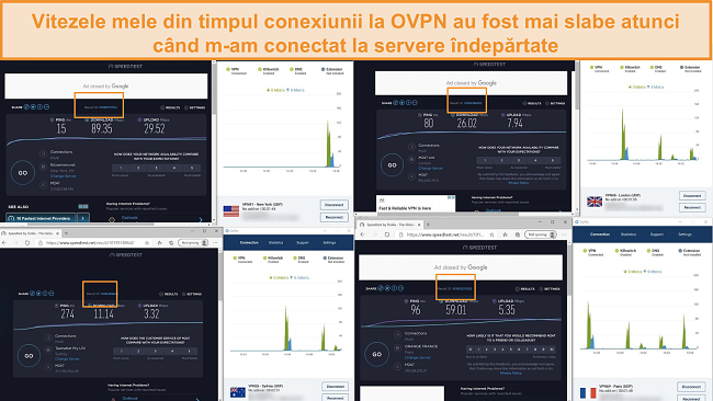 Captură de ecran a 4 teste de viteză în timp ce sunteți conectat la OVPN