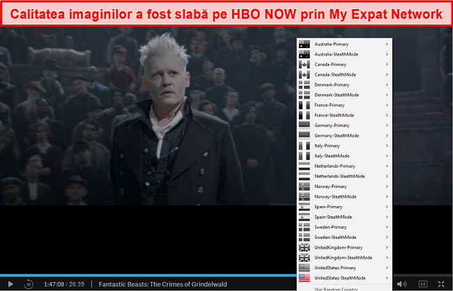 Captură de ecran a rețelei mele de expatriți deblocând HBO NOW