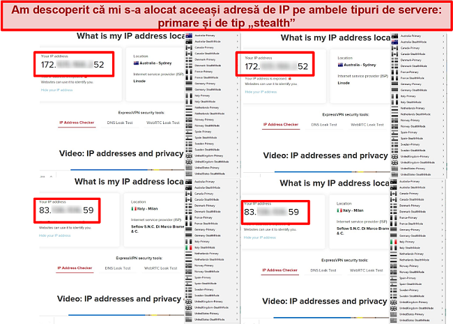 Screenshot of My Expat Network's primary and stealth servers giving the same IP address