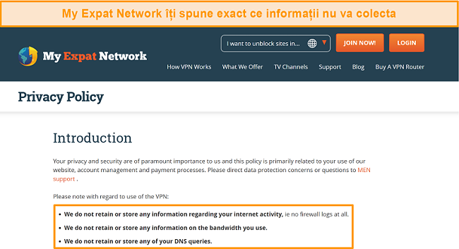 Captură de ecran a politicii de confidențialitate My Expat Network