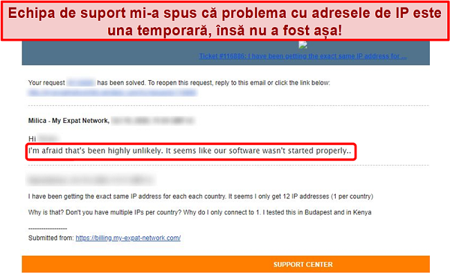 Captură de ecran a răspunsului e-mail My Expat Network care oferă o explicație pentru o problemă de adresă IP