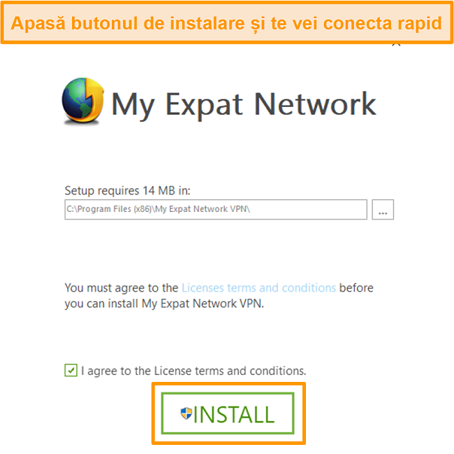 Captură de ecran a ultimului pas al instalării My Expat Network