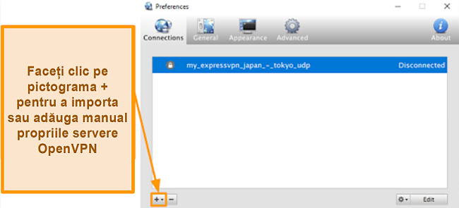 Captură de ecran a aplicației Viscosity care arată cum să adăugați servere OpenVPN