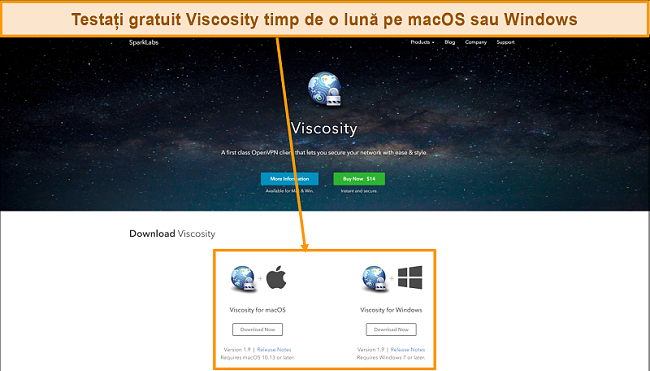 Captură de ecran a paginii de descărcare Viscosity de pe site-ul web Viscosity