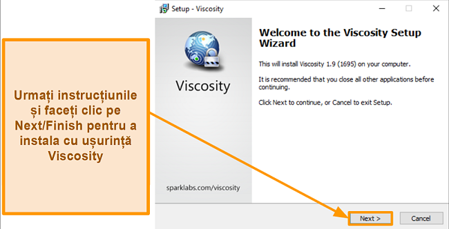 Captură de ecran a Viscosity setup wizard pentru a instala aplicația