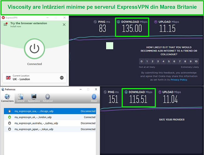 Captură de ecran a rezultatelor testului de viteză în timp ce sunteți conectat la serverele Express VPN din Marea Britanie atât prin Viscosity, cât și prin ExpressVPN