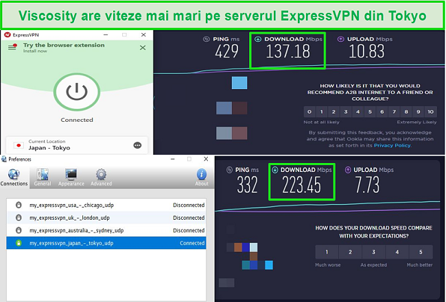 Captură de ecran a rezultatelor testului de viteză în timp ce sunteți conectat la serverele Express VPN din Japonia, atât prin Viscosity, cât și prin ExpressVPN