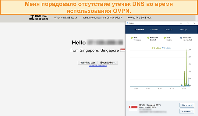 Скриншот OVPN, прошедшего проверку на утечку DNS