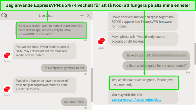 Skärmdump av ett utbyte med ExpressVPNs livechattsupport om att använda ExpressVPN på en router för att arbeta med Kodi