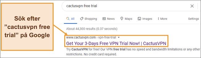 Skärmdump som visar hur du hittar CactusVPN gratis testversion på Google