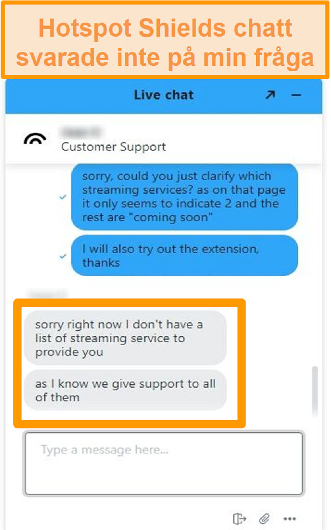 Skärmdump av en Hotspot Shield-chattagent som inte kan svara på min fråga