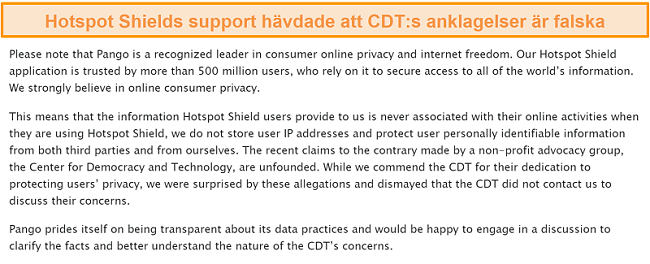 Skärmdump av Hotspot Shields e-postsvar när han tillfrågades om 2017 års incident där CDT lämnade in ett klagomål till FTC om Hotspot Shields datainsamlingsmetoder.