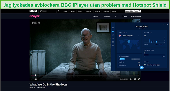 Skärmdump av Hotspot Shield som avblockerar vad vi gör i skuggorna på BBC iPlayer.