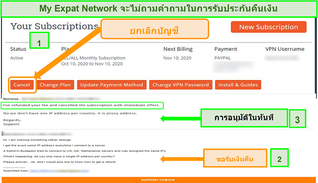 ภาพหน้าจอของกระบวนการคืนเงินของ My Expat Network