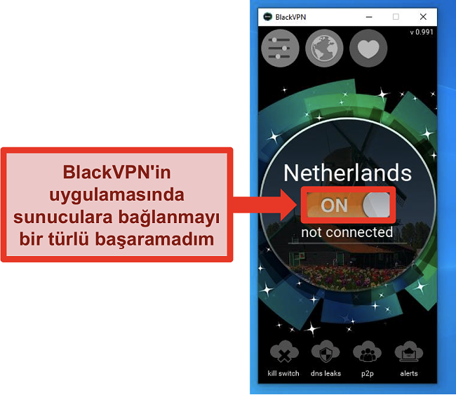 BlackVPN'in Windows istemcisinin ekran görüntüsü açık olmasına rağmen bağlanmıyor