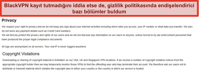 BlackVPN Hizmet Koşullarının Gizlilik ve Telif Hakkı İhlalleri bölümlerinin ekran görüntüsü