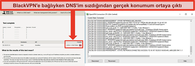 BlackVPN, ABD'deki bir sunucuya bağlıyken başarısız bir DNS sızıntı testinin ekran görüntüsü