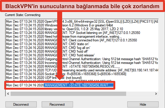 BlackVPN'in OpenVPN istemcisi aracılığıyla bir sunucuya bağlanmaya çalışmasının ekran görüntüsü