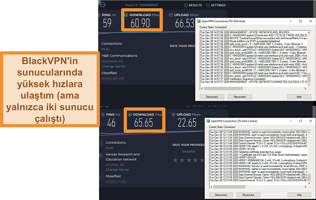 ABD'deki BlackVPN sunucularına bağlıyken 2 hız testinin ekran görüntüsü