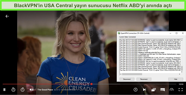 BlackVPN, OpenVPN istemcisi aracılığıyla ABD Merkezi yayın sunucusuna bağlıyken Netflix'teki The Good Place'in ekran görüntüsü