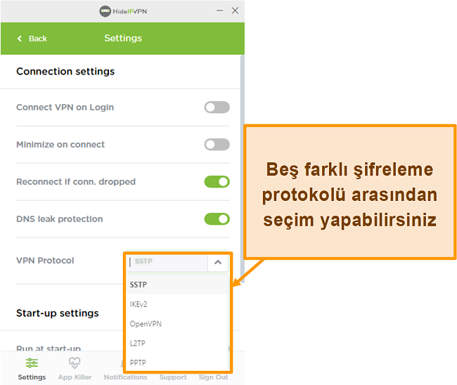 HideIPVPN şifreleme protokollerinin ekran görüntüsü.