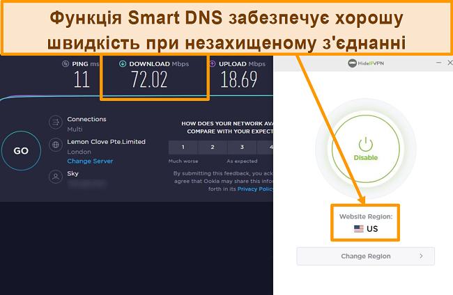 Знімок екрана тесту швидкості HideIPVPN Smart DNS.