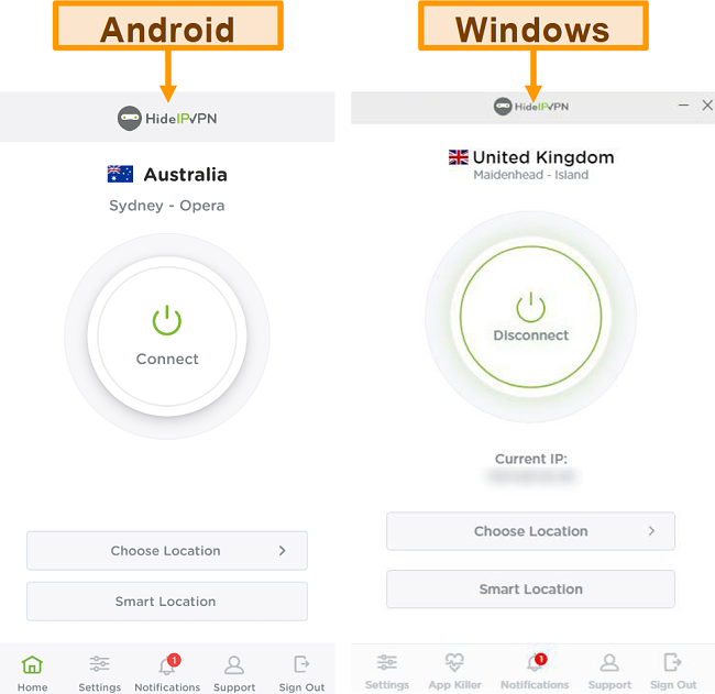 Знімок екрана настільних та мобільних додатків HideIPVPN.
