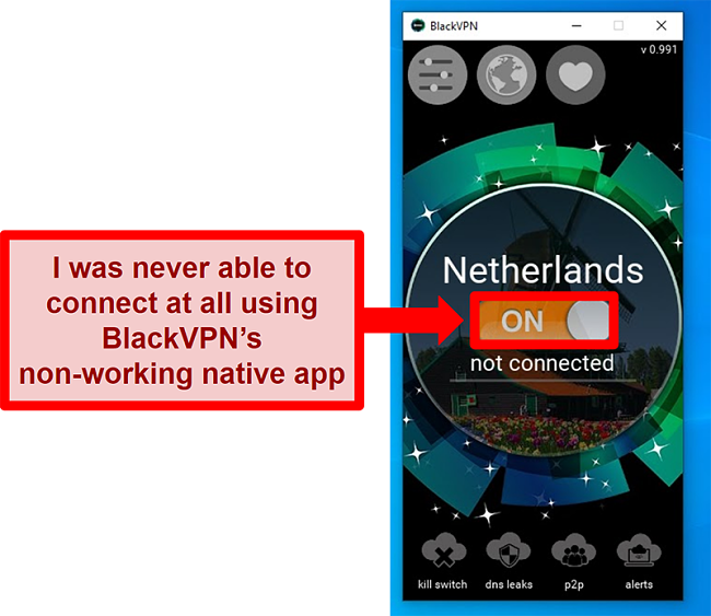 Screenshot of BlackVPN's Windows client not connecting despite being turned on
