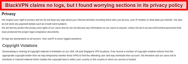 Screenshot of the Privacy and Copyright Violations sections of the BlackVPN Terms of Service