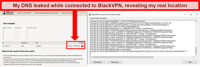 Screenshot of a failed DNS leak test while BlackVPN is connected to a server in the US