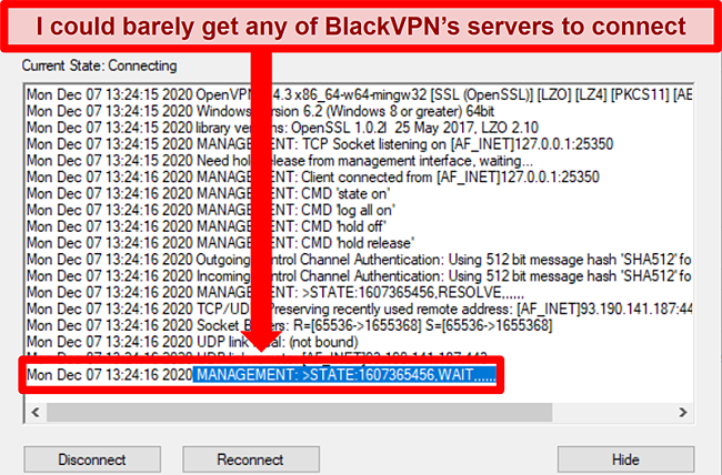 Screenshot of BlackVPN trying to connect to a server via the OpenVPN client