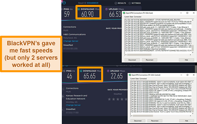 Screenshot of 2 speed tests while connected to BlackVPN servers in the US