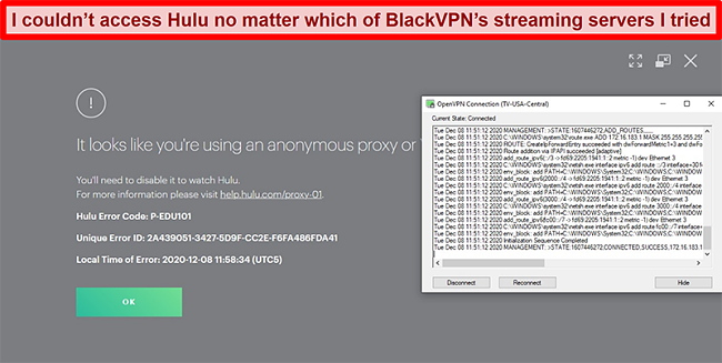 Screenshot of Hulu's proxy IP error while BlackVPN is connected via OpenVPN